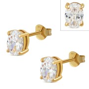 14k Gold Plated | 5x7mm Oval Prong-Set Clear CZ Sterling Silver Stud Earrings - e446
